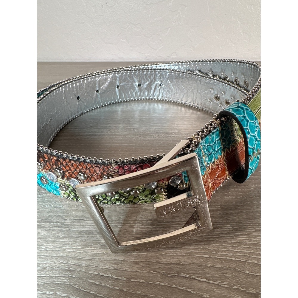 Guess Womens Y2K Patchwork Faux Snakeskin‎ Studded Rhinestone Belt Multi Color M